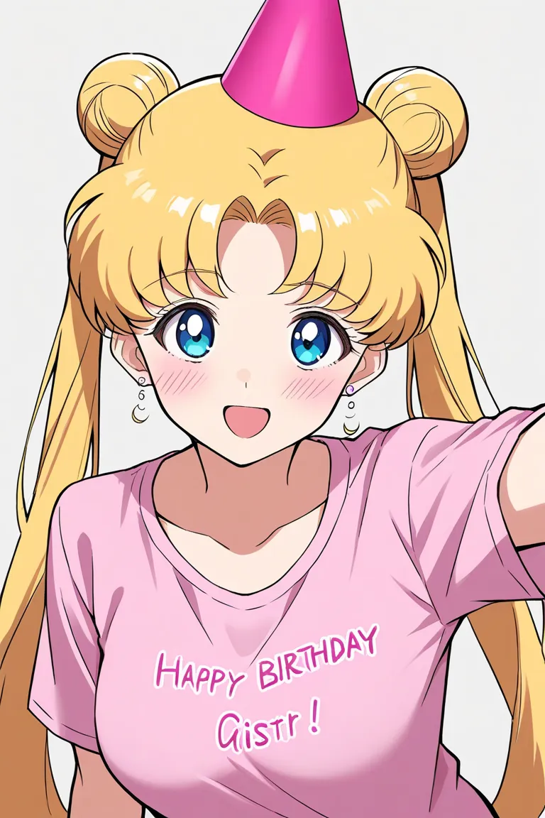 1 girl, solo, obra maestra, mejor calidad, SMiLE, LONg hair, blush face, Blonde hair, twintails, medium boobs, Tsukino Usagi, blank BACKGROUND, simple backgrond, pink shirt, LOOKiNG AT VieweR, party horn, wearing birthday hat, open mouth, happy face, celeb...