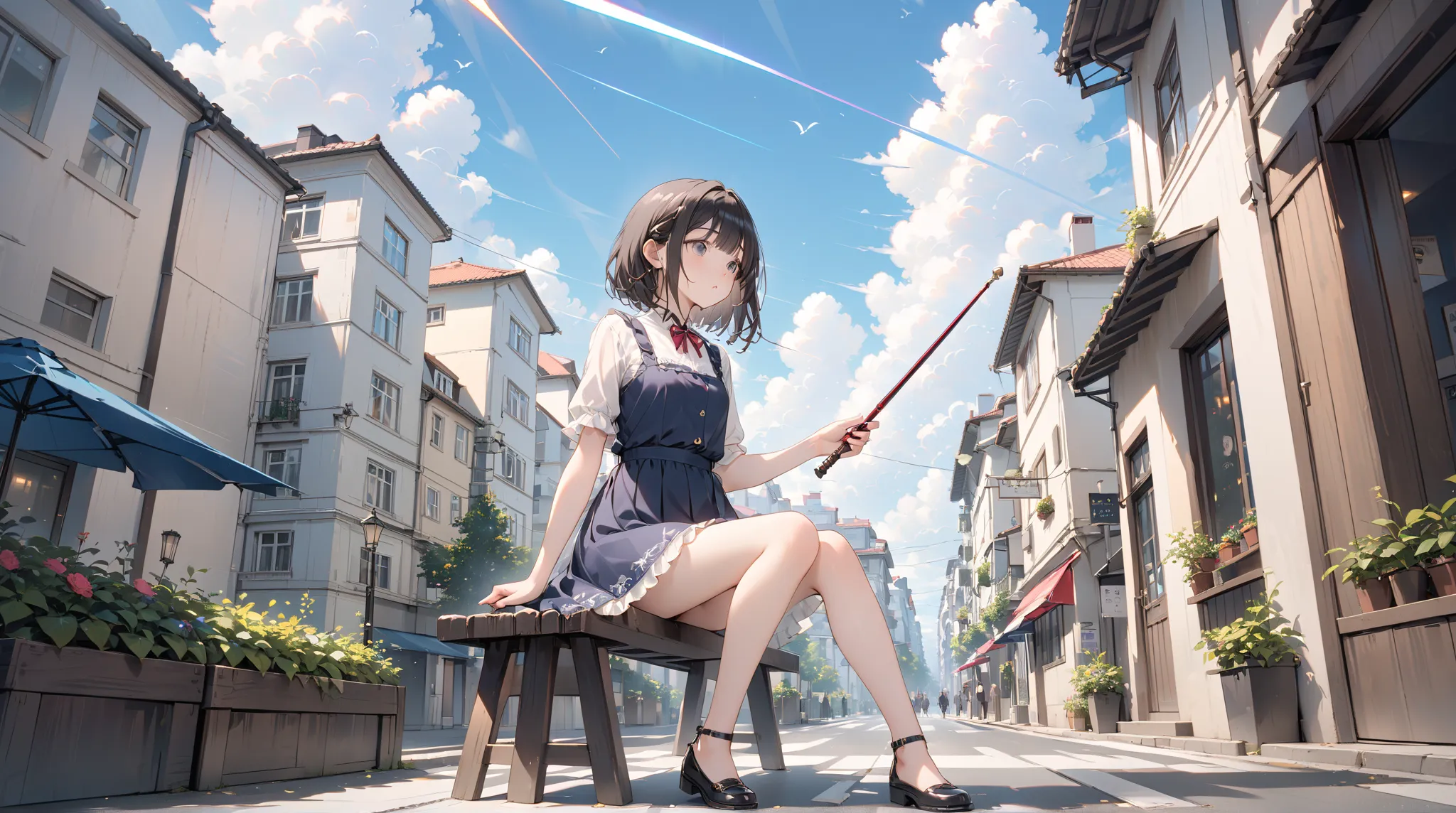 ( best quality ,  high resolution ,  Textured skin , high quality, high detail,  extremely detailed CG unity),One， teenage girl ， magic 少女，Black short hair，Black Eyes，exhausted，fatigue，Holding a long magic wand，Walking stick ， magic ，cute，Multi-layered ruf...