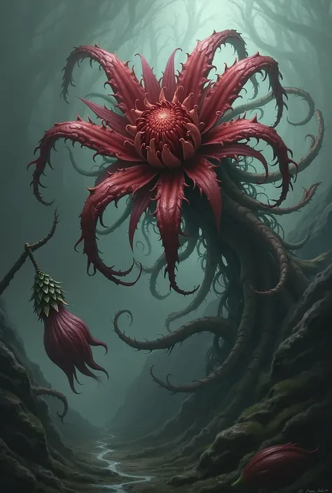 Scary yellow flower comming out of darknes with a lot of tanticles in the background. In the front with one of the tentacle holding something. And it is looking down into that thing