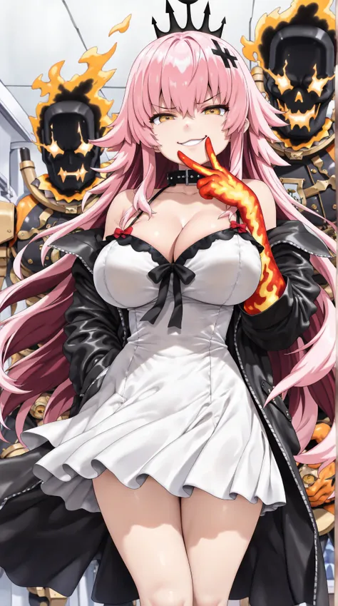  1 girl, looking at the observer, smug, hocken, legs together, v over the mouth ,
break changli \(angry waves \),  pink hair,  two-tone hair ,  flame arm , Red arm ,  white dress,  black coat , circular yellow eyes, colored extremities,  big boobs,  cleava...