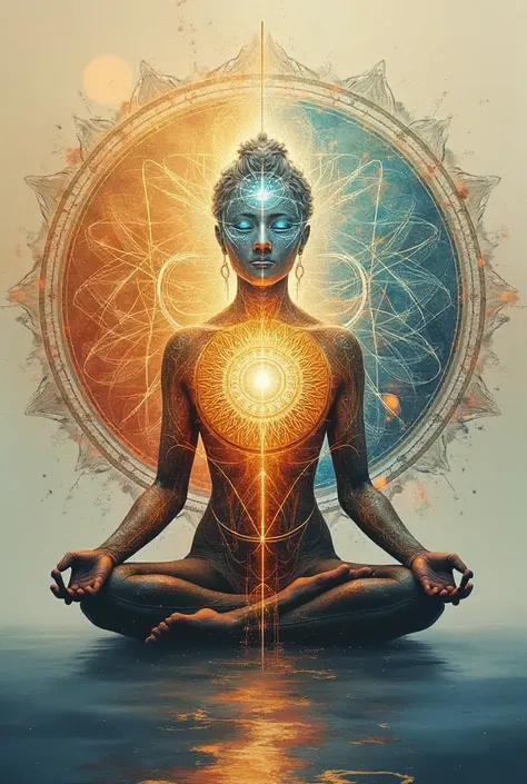 The model is wearing glass sunglasses with stars and the mA silhouette of a meditating person sits in a lotus position with a glowing aura. The figure has seven chakras aligned along the spine, each represented by a different color. The background is a rad...