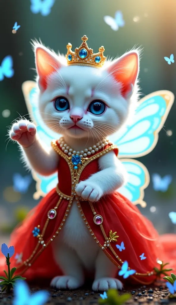 
"A cute white kitten with blue eyes, dressed as a royal princess. The kitten wears an elegant Red and gold gown adorned with sparkling details, a golden crown with blue gemstones, and layered pearl necklaces. Its paws are raised as if dancing. Behind it, ...