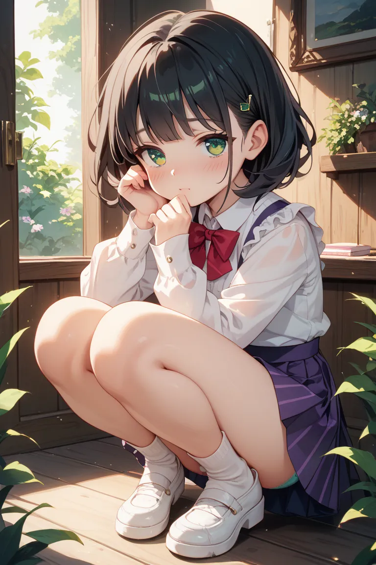  girls on the left、 black hair、emerald green eyes、is young、 crouch、blush、 crouching込み、Chest、Light purple panties、 skirt、 crouching、