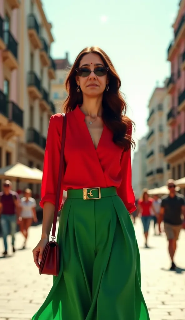 Make this model brunette in red and green shopping around the city of Madrid, in Spain 