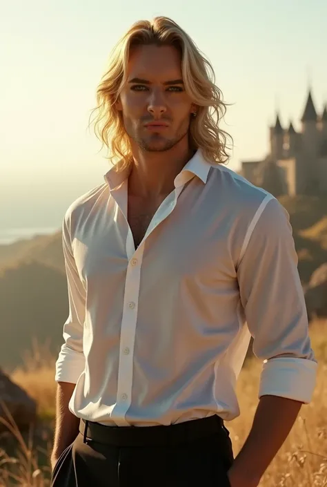 ( Masterpiece ), (extremely intricate:1.3), ( realistic),  portrait of a man, The most beautiful in the world, (black pants and white puffy shirt). (long blond hair), (golden eye), (pale skin), upper body, outdoors, intense sunlight, distant castle, Profes...