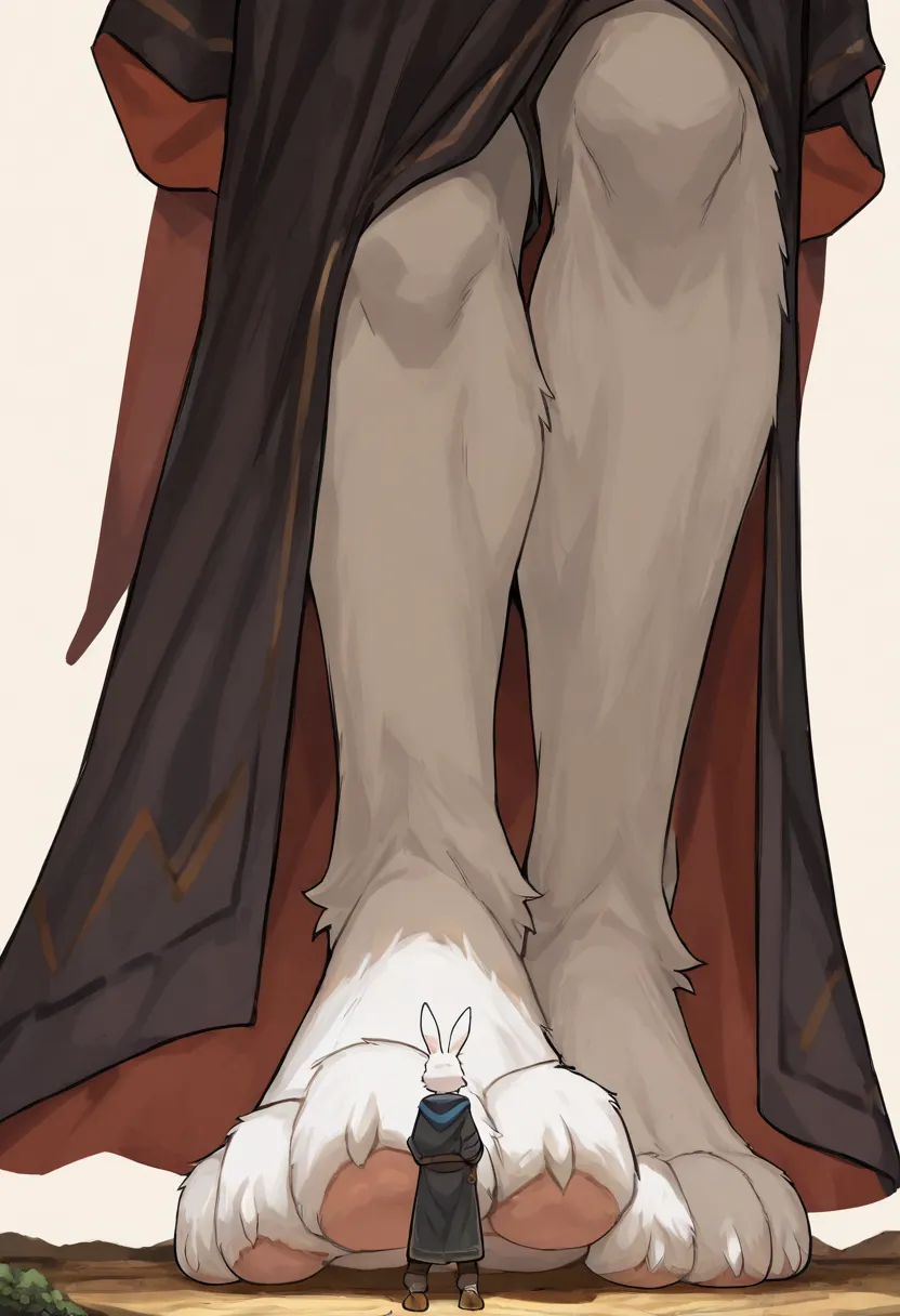 (macro size: 1.1), describe image of a giant rabbit boy putting his feet on an adventurer, a tall skinny boy stepping on an adventurer, simple background, (2boys: 1.1) (height difference), (rabbit foot paws closeup: 1.1) (femboy), (furry rabbit boy: 1.1), ...