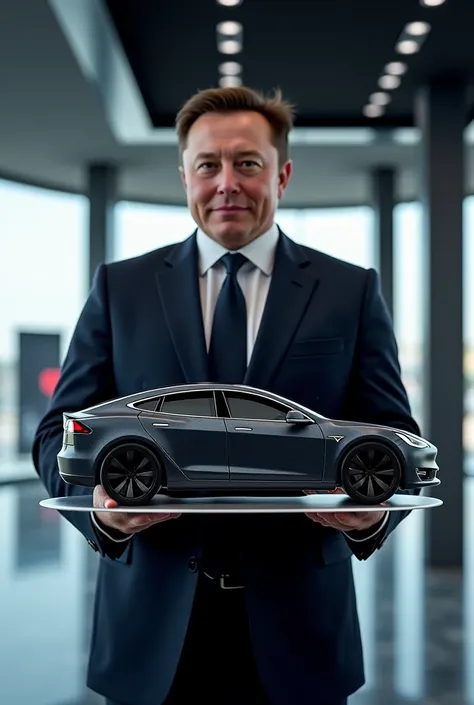 elon musk holding a model of the tesla model s