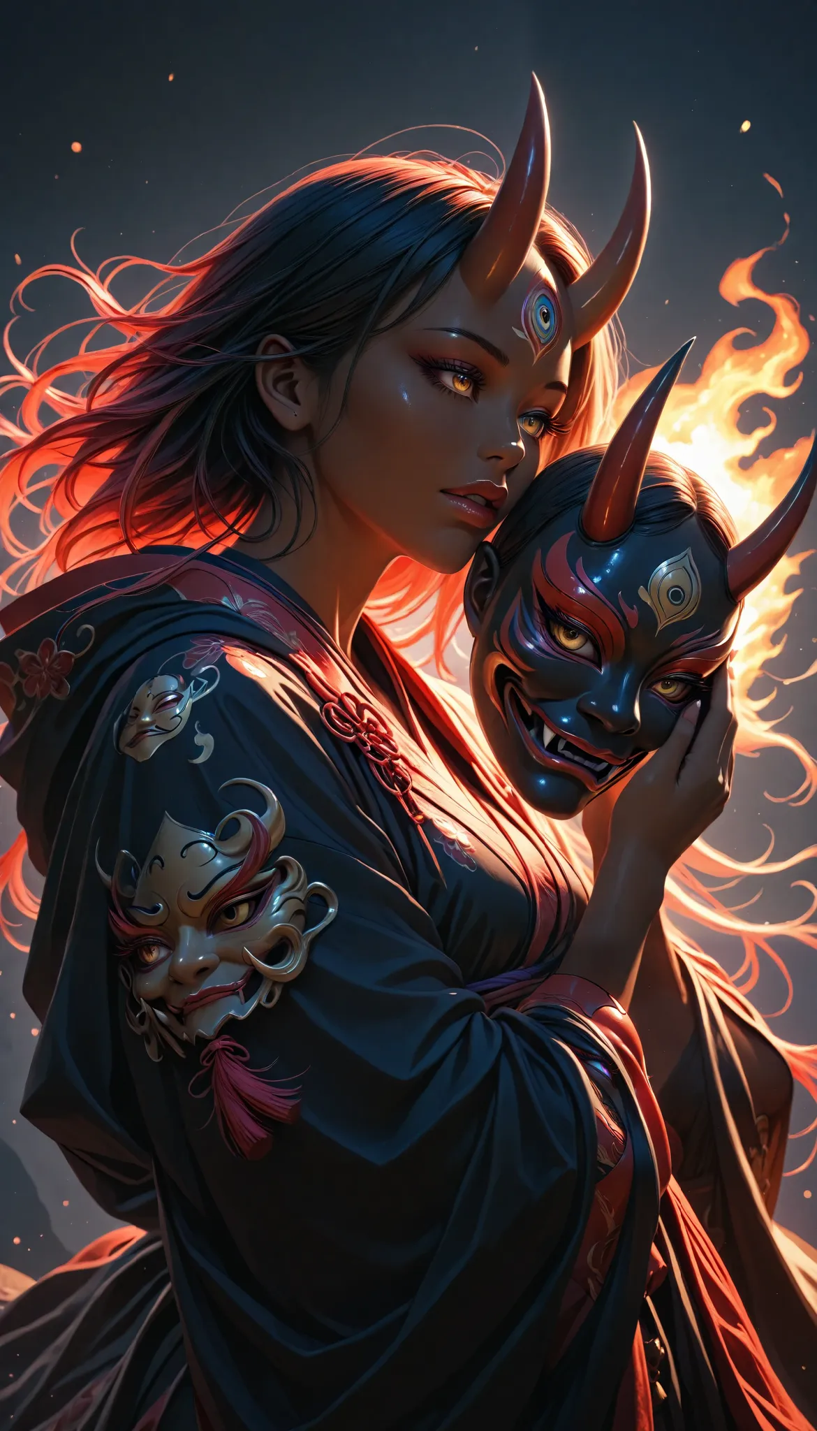 A powerful oni woman, beautiful detailed eyes, beautiful detailed lips, extremely detailed eyes and face, long eyelashes, dark skin tone, Japanese demon Noh mask, flowing robes, attacking with love, fantasy creature, vivid colorful, matte, dark tone, high ...