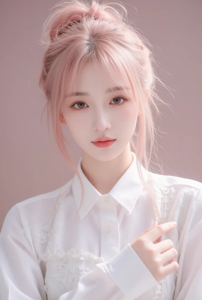 kpop girl, korean and Chinese, soft pink hair, gorgeous, 18 years old, stunning, perfect visual, unique and porcelain like visual, visual like a doll, hair wild, realistic, plump lips, fits Korean beauty standards 100 percent, adorable, unique visual, fier...