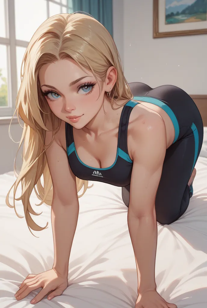 Create a picture of a cute small  Girl in Yoga pants and a sports bra that is on her small bed doggy Style. She has blonde Long Hair and a small thin body. Her legs are also really slim and she has white sticky stains in her face