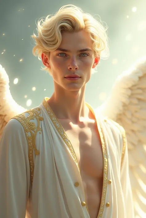 create the image of a man with light blond hair and blue eyes. Have an angelic look and wear white clothes with gold details. realistic and full body