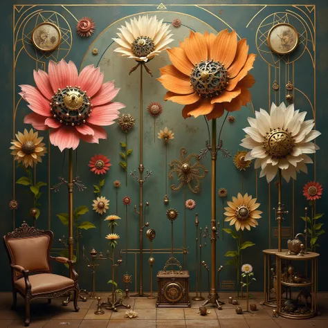 surreal and abstract painting of a mysterious ancient art deco room with different mechanical flowers made of old steampunk machinery, classic art, dreamy, surreal, photorealistic, magical, esoteric, occult, symbolism