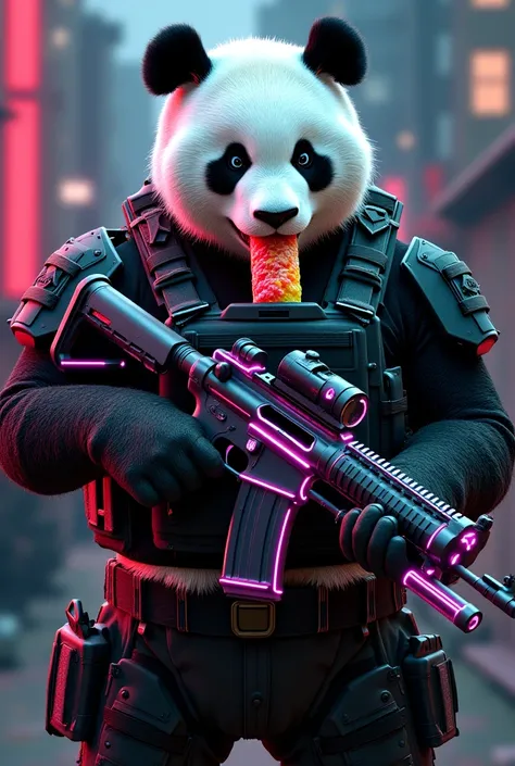 panda, with bulletproof vest and neon rifle eating gummies 