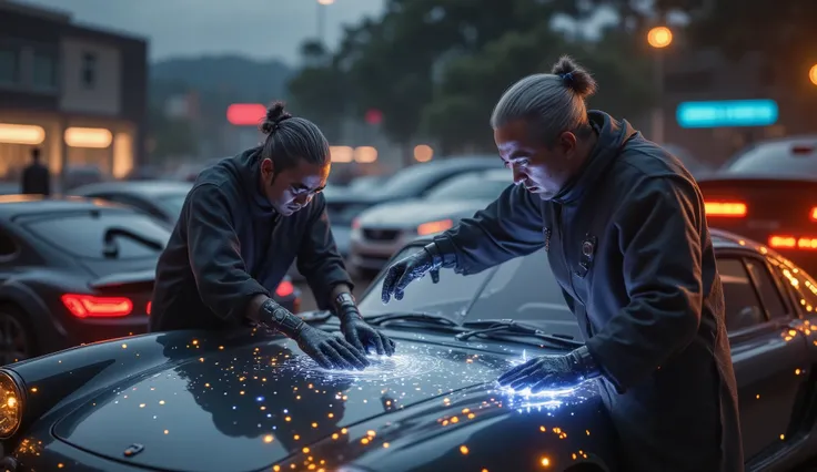 Daniel LaRusso ,  old boy, waxing a futuristic but old car, type Porsche.  Very detailed foreground . He wears futuristic work clothes. Exterior image at dusk. When you wipe your hand with wax, holograms appear on the surface of the car. Parking lot full o...