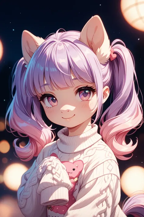 purple hair, twin tails, pink eyes, white knit, pink jumper