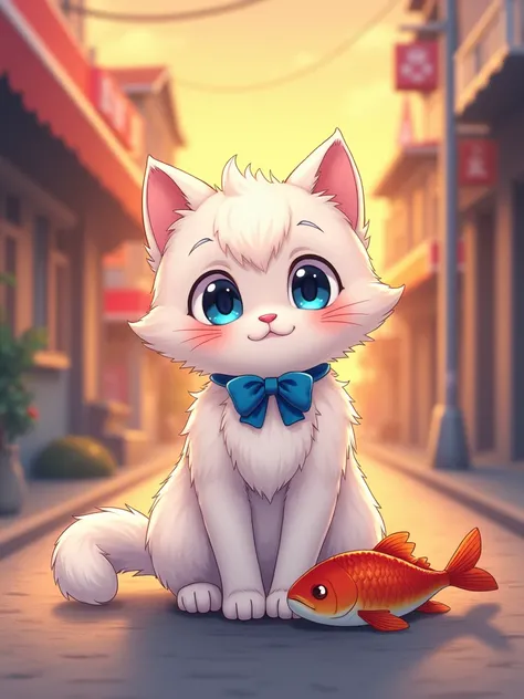 a drawing of an anime style cat from the 90s called Shiru, he has blue eyes, white fur and wears a small blue bow on his neck. Shiru found on flor of  The street in the sinset  one big fish,Shiru stay happy and curious