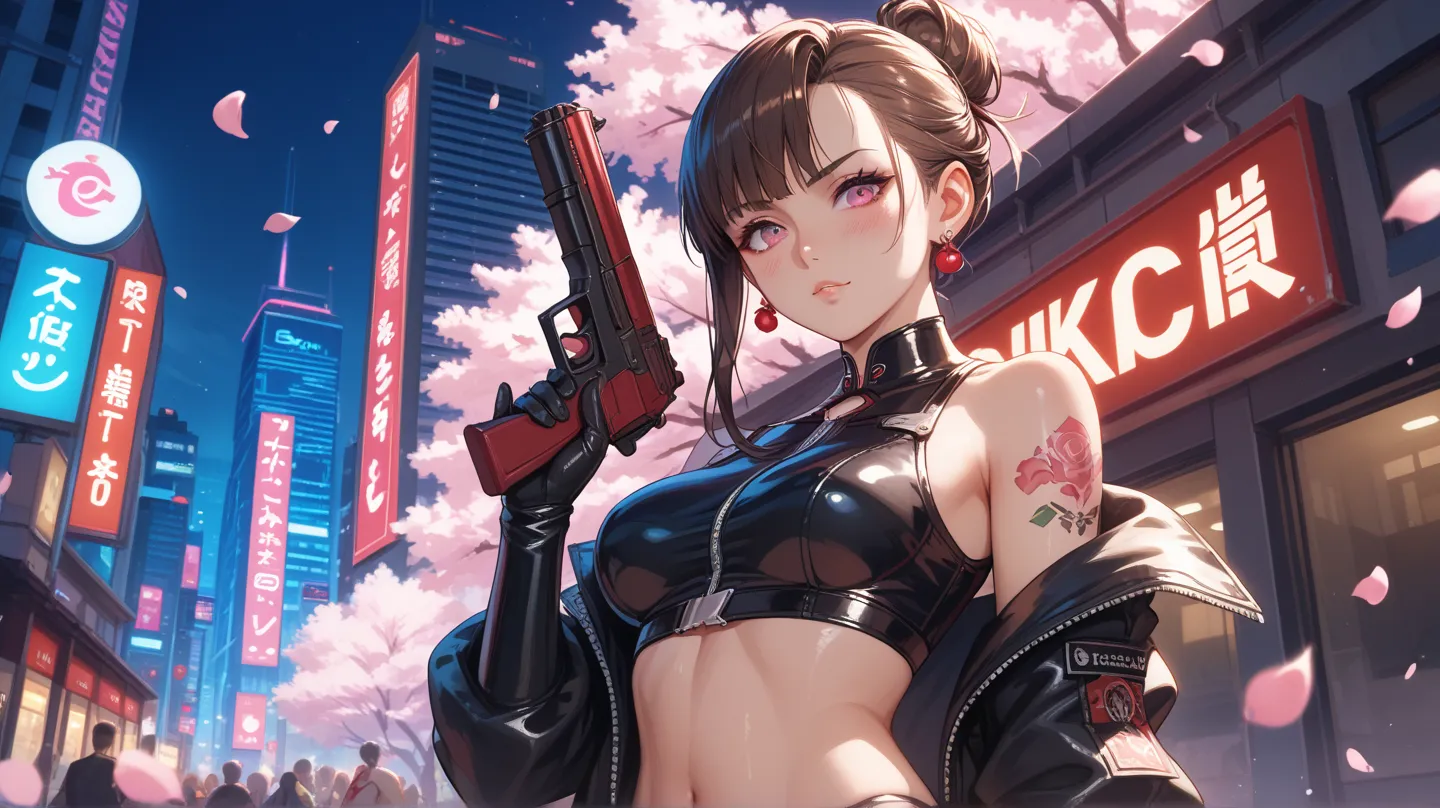 A digital illustration shoot from a frontal camera angle about a confident young woman standing confidently in a futuristic cityscape with neon signs and cherry blossom petals scattered around. the image also shows a young woman with long, straight, dark b...