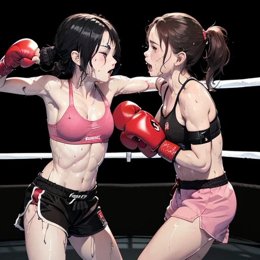 (((dynamic battle action))), they are (((((beating each other's body and face by fist and leg))))) so hard. two (((bloody)))) cute Japanese (((girl fighters))) are fighting in the octagon fighting ring of underground arena with audience. they are covered i...