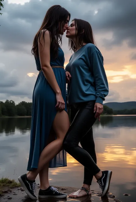 Full Body Shot, soaking wet, Rainstorm, DUSK, ((Two women kissing, Isabella, 18 years old, soaking wet,))((First wowan wearing wet long dress, blue, soaking wet,)(First woman have dark hairs,)(first woman wearing black Vans sneakers, soaking wet,))((Second...