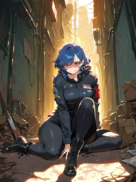 (masterpiece, best quality, amazing quality, very aesthetic, cinematic lighting:1.4,incredibly_absurdres), dirty basement, 1girl\( solo, short hair, blue hair, side swept bangs, messy hair, big beasts, red eyes, black jacket, black pants, black boots\), ne...