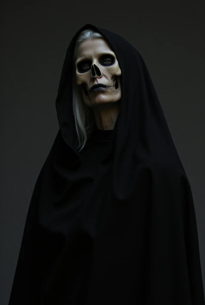 Beautiful Slavic woman de Ville with half skull. muscular. black clothing. white colored hair. Death Style. in the studio. studio light. athletic. Full-length. model pose, BLACK HOOD