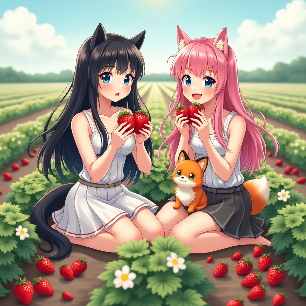 anime style。A sexy beauty with long black hair and blue eyes and a beautiful woman with pink hair are enjoying picking strawberries。Black McCullle Tabby's cat and a fox-colored northern fox are sitting。The background is a strawberry field with lots of stra...