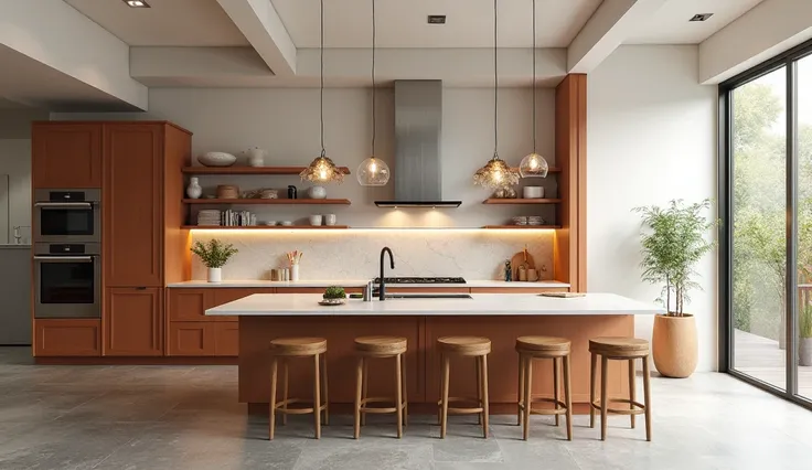 design me a modernized art nouveau open kitchen, off white wall with column of terracotta color, and grey stone flooring tiles. make island for electric cooking add another connected island for seating with flower pendants above them, make the kitchen cabi...