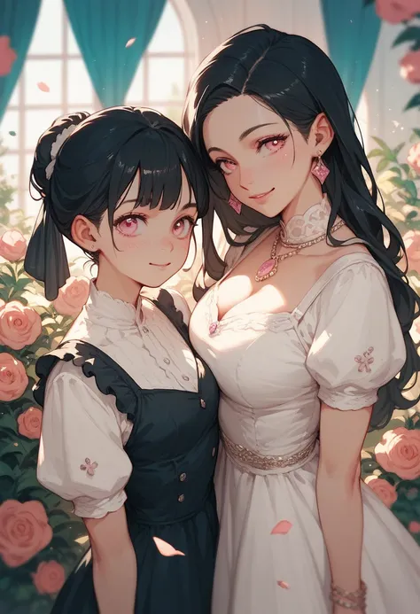 anime Mother and daughter with black hair and pink eyes...wearing dresses
