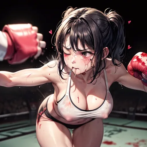 (((She wipes the blood from her mouth with one hand))), (((she is too exhausted, groggy))). (((out of breath))), (((Her mouth is wide open))). (((bloody))) cute Japanese heavyweight (((girl fighter))) is fighting in the octagon fighting ring of underground...