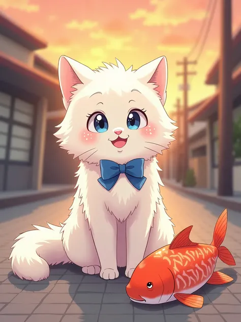 a drawing of an anime style cat from the 90s called Shiru, he has blue eyes, white fur and wears a small blue bow on his neck. Shiru found on flor of  The street in the sinset  one big fish,Shiru stay happy and curious