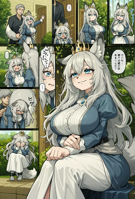 furのような,   animal ears,Tail,[[fur]],  blue eyes,cute,Fox Woman, anime style,白いfur,  dog restraint,   crying face,  make middle hair , queen,  color , Gray Hair,Mother,One Woman Stretches Her Knees,Big breasts are grabbed by a man from behind, top, comics, ...