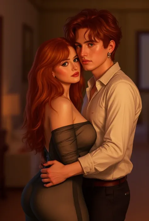 couple,  Young Woman, Coppery-haired redhead, big boobs, transparent dress. man black hair, green eyes,  dress shirt,  In love 