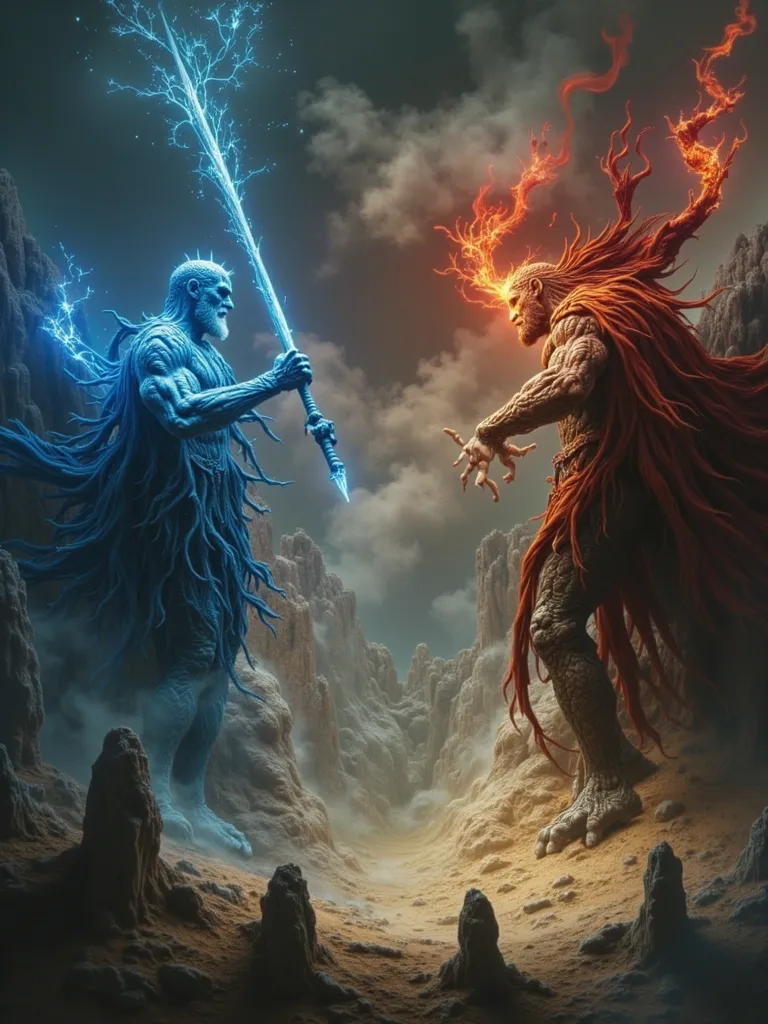 Two ancient titans in constant battle fire and ice, ancient Greek, physMasterpiece, Anatomically Correct, High Resolution, 