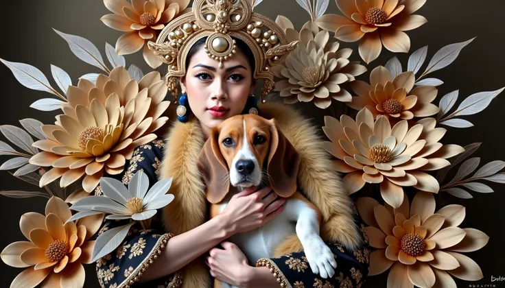 Portrait of a korean hijab woman with a beagle dog. the woman is wearing a gold headpiece with intricate designs and patterns. she is holding the dog in her arms and is looking directly at the camera with a serious expression. the dog is a light brown colo...