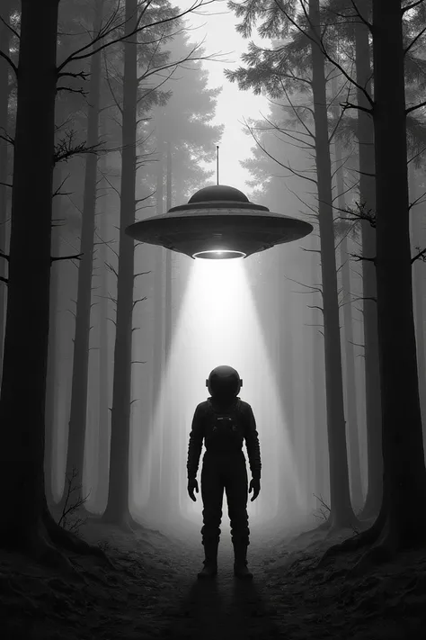 Black and white image of an astronaut in a black suit in the woods, Ominous fantasy illustration, Strange art style, Dark surreal art, by Adam Benaker, Spooky dark forest, Surreal illustration, Strange and nostalgic concept art, Spooky art, by Moore Than, ...