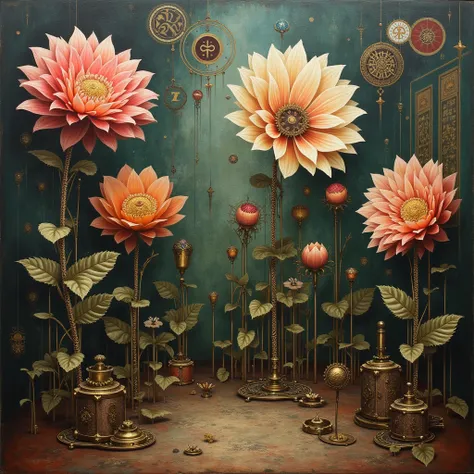 surreal and abstract painting of a mysterious ancient art deco room with different mechanical flowers made of old steampunk machinery, classic art, dreamy, surreal, photorealistic, magical, esoteric, occult, symbolism