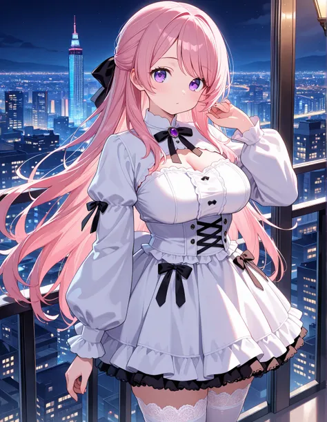 1girl, solo, voluptuous, (tareme:0.8), purple eyes, pink hair long hair, half updo, hair ribbon, swept bangs, general, gothic lolita clothes, white shrug \(clothing\), puffy long sleeves, short dress, lace-trimmed thighhighs, cowboy shot, standing, looking...