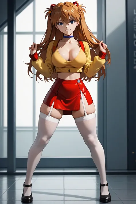 best quality, Full HD 4K, super detailed
,
1 girl, (20 years old), (Asuka Langley Sohryu (Neon Genesis Evangelion), Slim figure, Long Legs, Long hair), (young), (cute), (curvy), (big breasts), (thick thighs), slim waist
,
yellow top, long sleeve top, fitte...