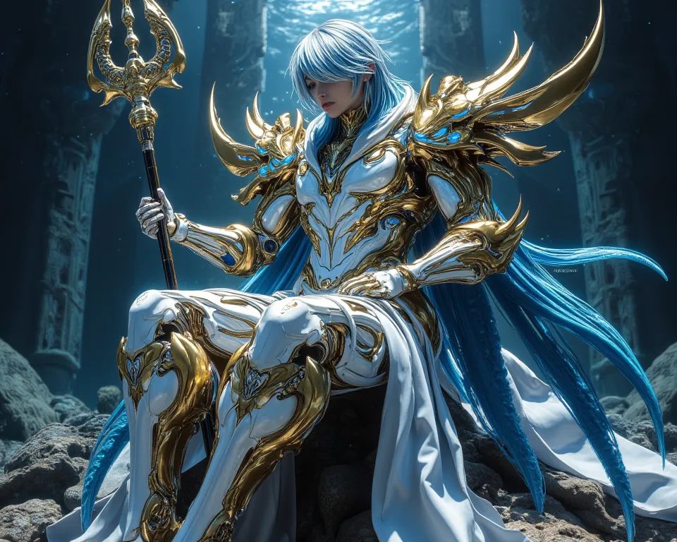  Saint Seiya; Poseidon,  god of the seas ; short, bluish hair; imposing appearance; Wearing Poseidon's Divine Armor, formed by golden and bluish scales; White colors with blue details; holding a trident; Underwater Temple of Poseidon, sitting on his majest...