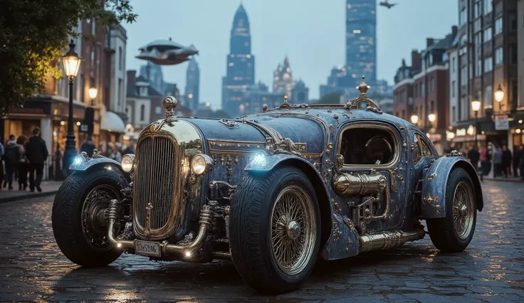 An ultra-detailed, steampunk-inspired retrofuturistic vehicle parked in the middle of a London street at dusk. The vehicle is a mix of mechanical and futuristic designs, featuring exposed brass gears, rotating cogs, polished metallic surfaces, and advanced...