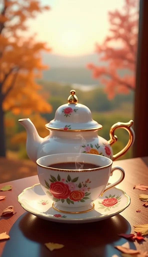  Delicate Embroidered Teapot with Flowers and Gold Borders:** realistic image I see far away 
A white porcelain teapot, all embroidered with delicate colored flowers, like roses, daisies and tulips,  in shades of red, rosa, yellow and green. The edges of t...