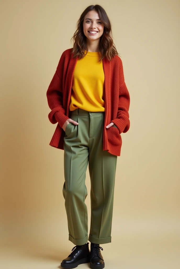 Woman dressed in the following clothes and colors for graduation photo shoot:  dress pants:  Soft olive green  (#6a7861)
Pastel yellow topper: Tomato sweater (#ff6347) — For a bold and vibrant look.
 add-on: Red brown cardigan (#86542f) — Adds depth and wa...