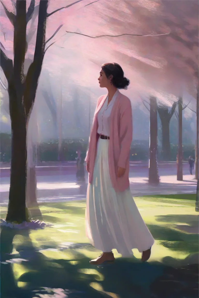 Wgz style, masterpiece knee up painting illustration. A woman wearing a pink sweater with white skirt, with flowy cardigan around her arms, looking at viewer  , in a park alone