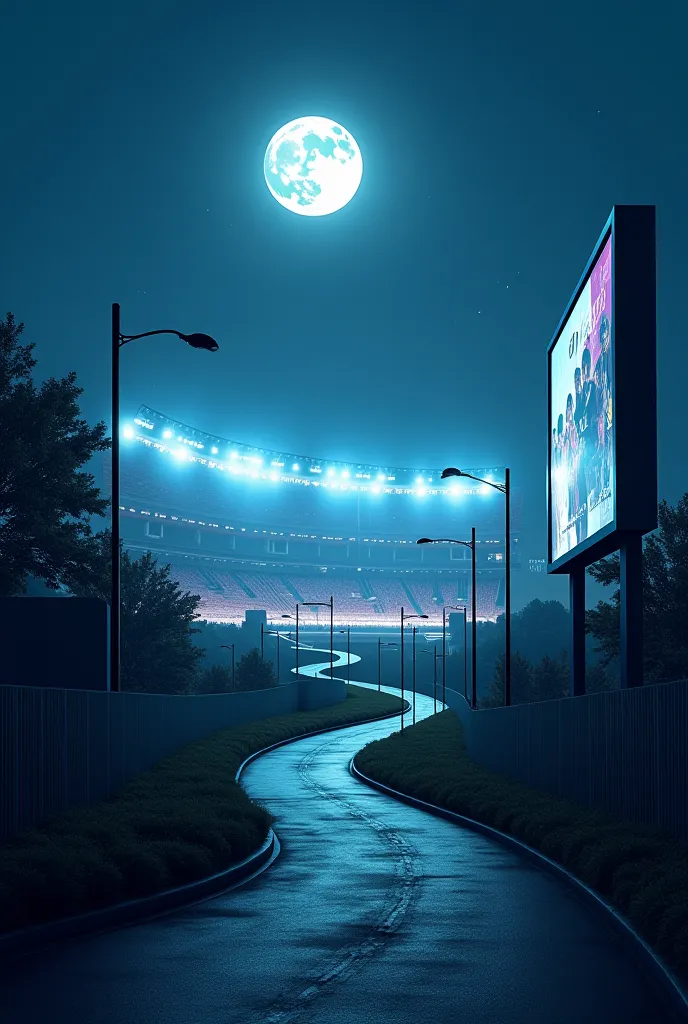 On a night when the moon is in the sky and the street ends up in a stadium, and there's a billboard on the right. 