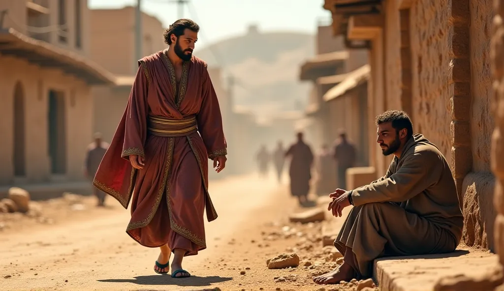 Scene of a Pharisee ignoring a needy: A well-dressed rich man walks past a beggar on the side of the road without looking at him, illustrating indifference.