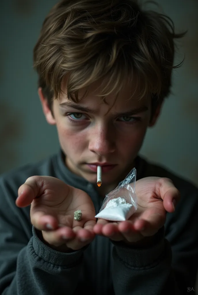 I want you to make a face of a 15-year-old boy smoking a joint and with a small bottle of cocaine