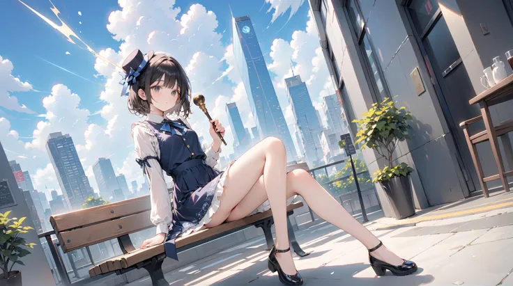 ( best quality ,  high resolution ,  Textured skin , high quality, high detail,  extremely detailed CG unity),One， teenage girl ， magic 少女，Black short hair，Black Eyes，Small hat，exhausted，fatigue，Holding a long magic wand，Walking stick ， magic ，cute，Multi-l...