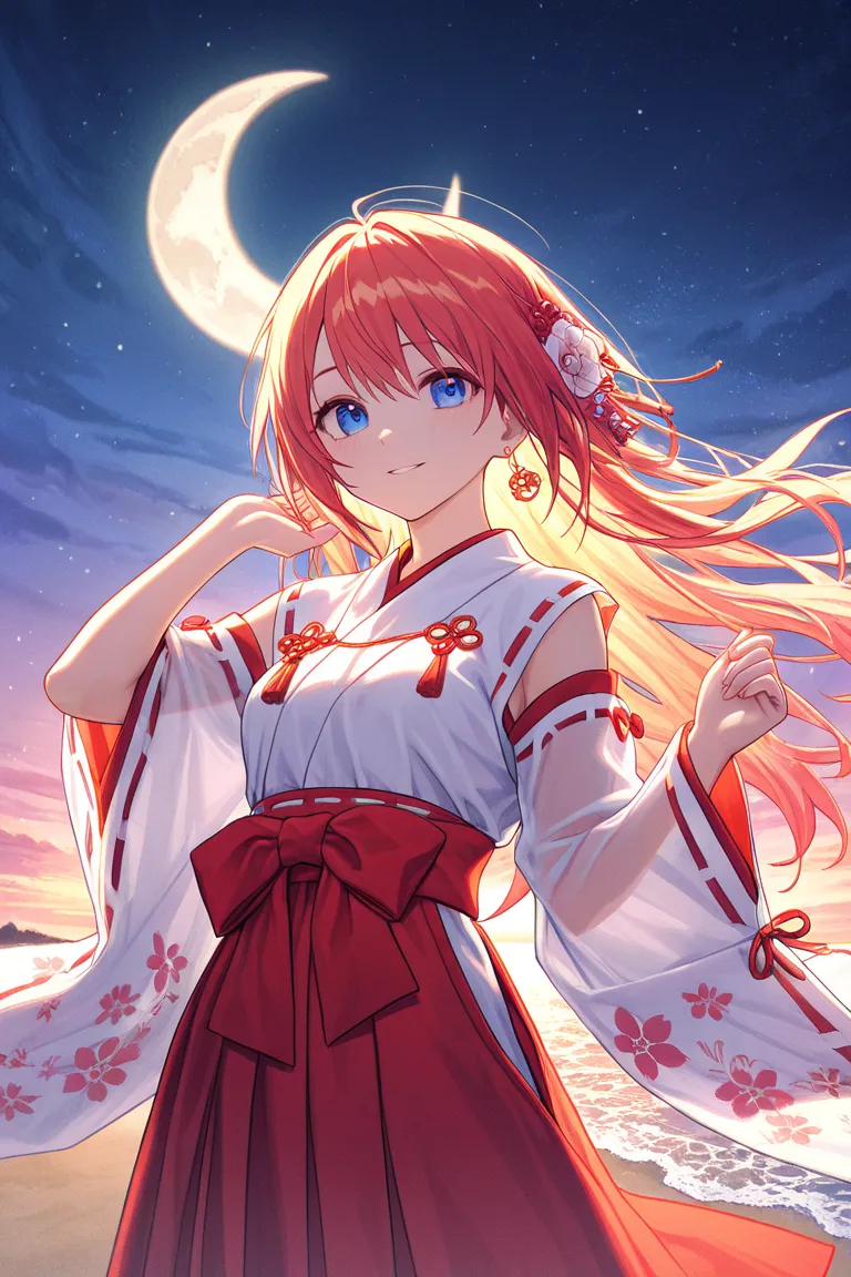 smile on her face, 1 girl, indoors, kimono, kimono miko, red kimono, beach, moon🌙, wedding, wife , Translucent fabric, genshin impact, raiden Shogun