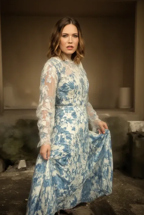 best quality, highres, 8k, masterpiece, photography, detailed midbody photorealistic portrait. Mandy Moore wears a modern cheongsam/qipao that blends her elegance with traditional Chinese design. The dress features a plunging neckline and flowing fabric, f...