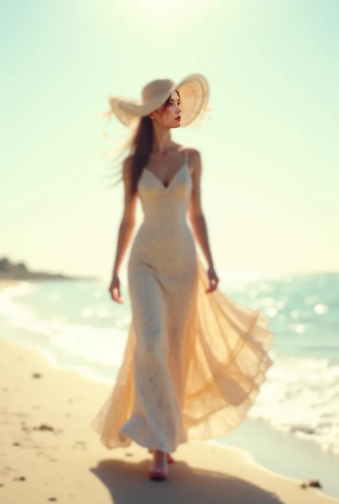 This girl walking in the beach with long dress an buetifill hat full body . No one elss in the picture 